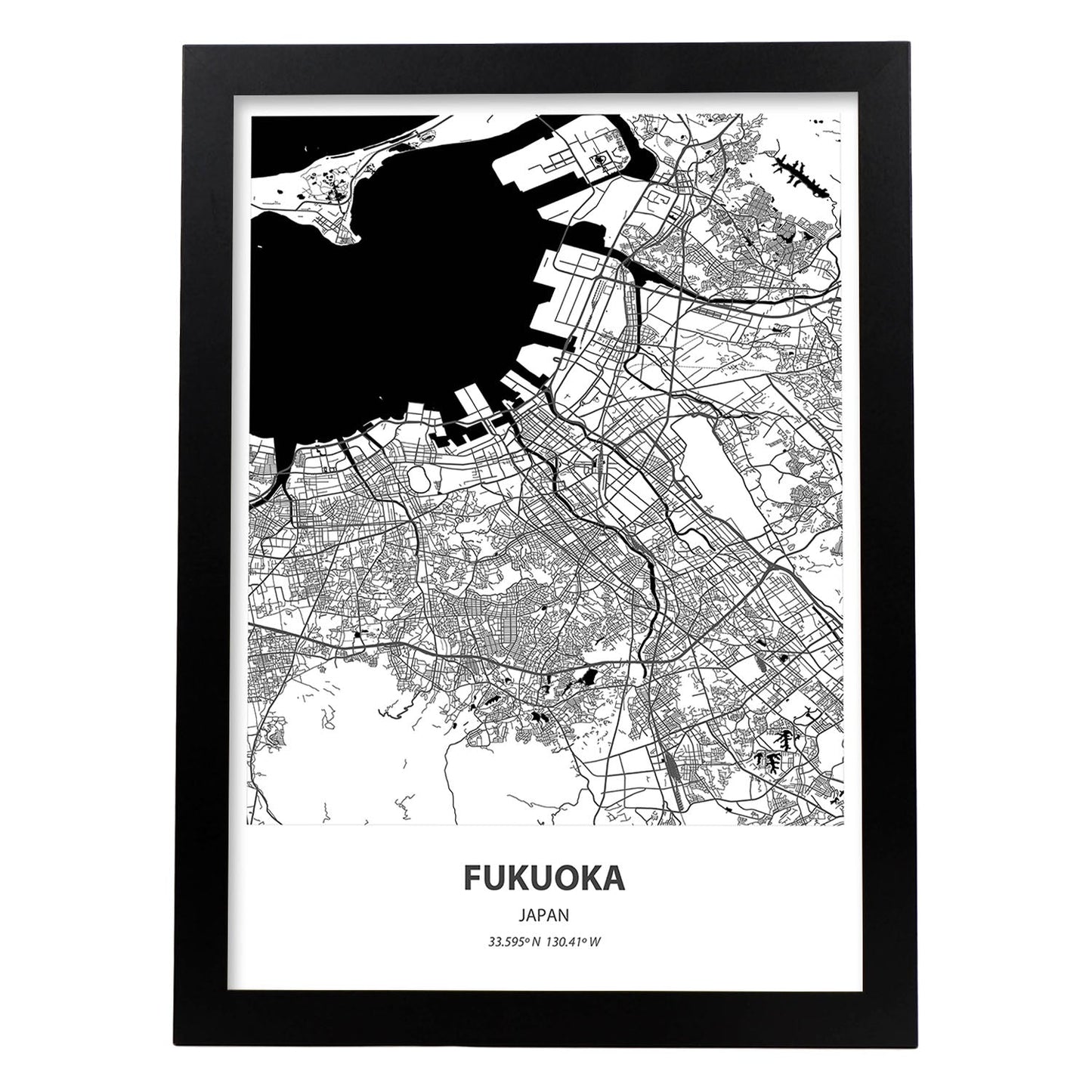 Poster con mapa de Fukuoka - Japon. Láminas de ciudades de Asia con mares y ríos en color negro.-Artwork-Nacnic-A3-Marco Negro-Nacnic Estudio SL
