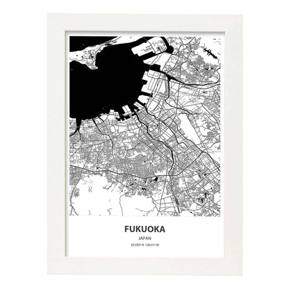 Poster con mapa de Fukuoka - Japon. Láminas de ciudades de Asia con mares y ríos en color negro.-Artwork-Nacnic-A4-Marco Blanco-Nacnic Estudio SL