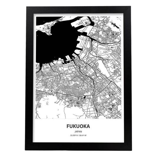 Poster con mapa de Fukuoka - Japon. Láminas de ciudades de Asia con mares y ríos en color negro.-Artwork-Nacnic-A4-Marco Negro-Nacnic Estudio SL