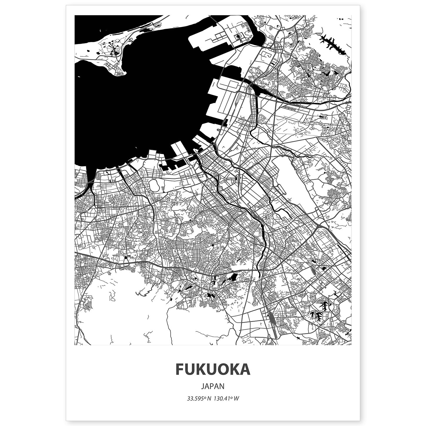 Poster con mapa de Fukuoka - Japon. Láminas de ciudades de Asia con mares y ríos en color negro.-Artwork-Nacnic-A4-Sin marco-Nacnic Estudio SL