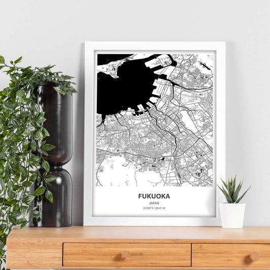 Poster con mapa de Fukuoka - Japon. Láminas de ciudades de Asia con mares y ríos en color negro.-Artwork-Nacnic-Nacnic Estudio SL