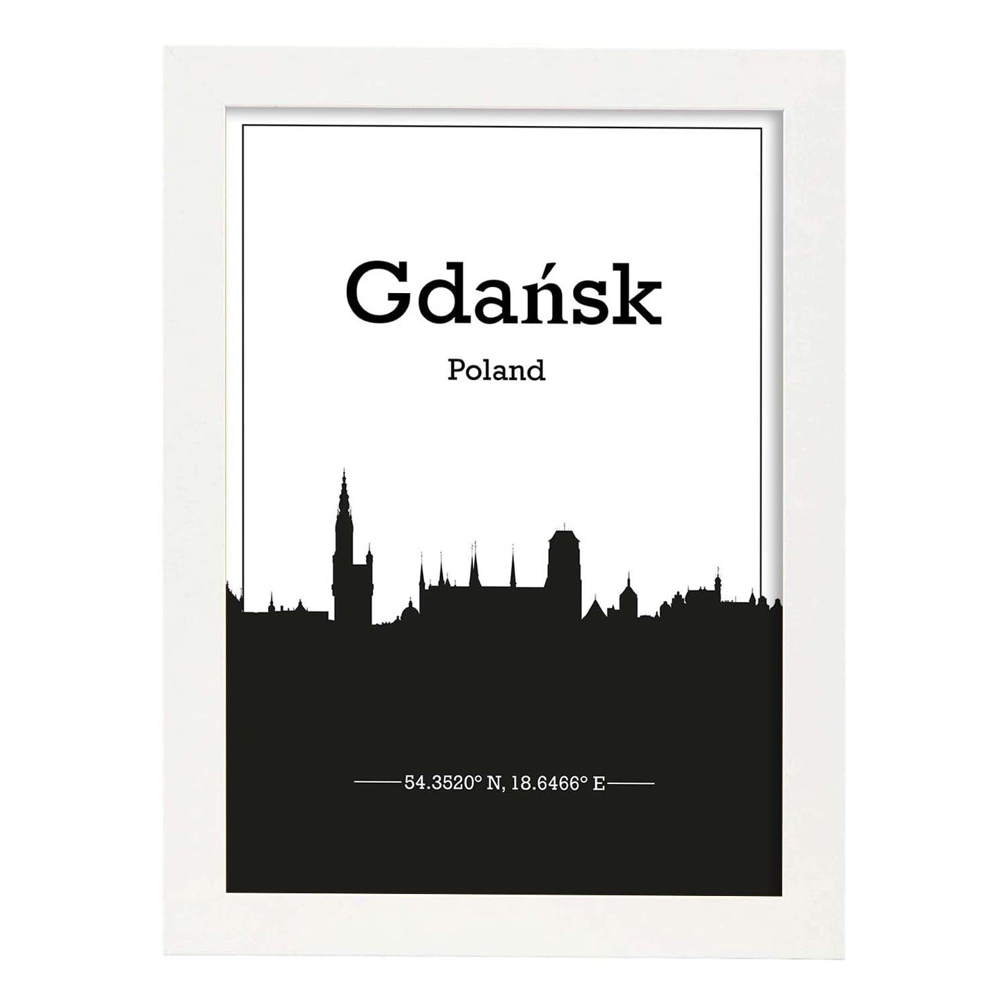 Poster con mapa de Gdansk - Polonia. Láminas con Skyline de ciudades de Europa con sombra negra.-Artwork-Nacnic-A3-Marco Blanco-Nacnic Estudio SL
