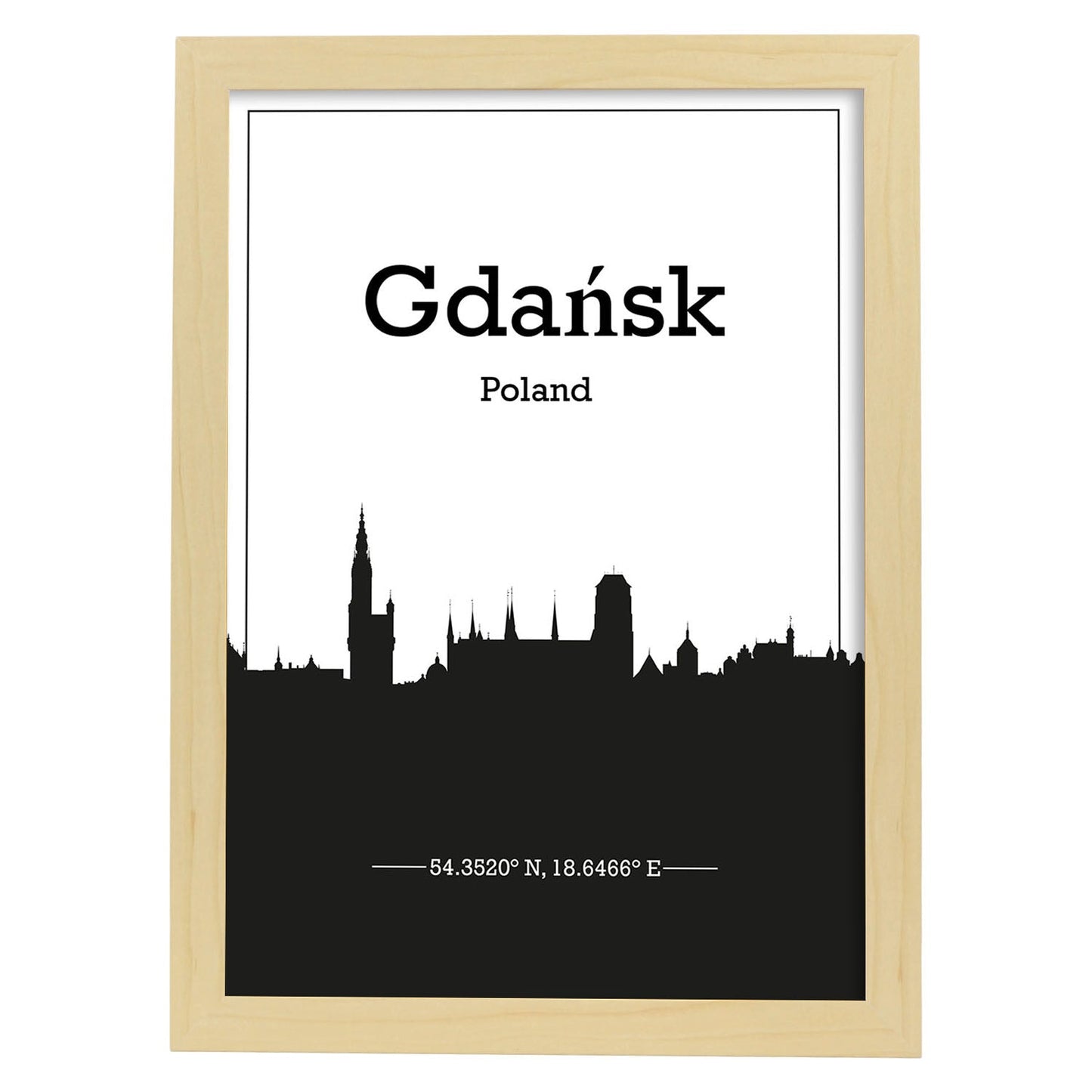 Poster con mapa de Gdansk - Polonia. Láminas con Skyline de ciudades de Europa con sombra negra.-Artwork-Nacnic-A3-Marco Madera clara-Nacnic Estudio SL