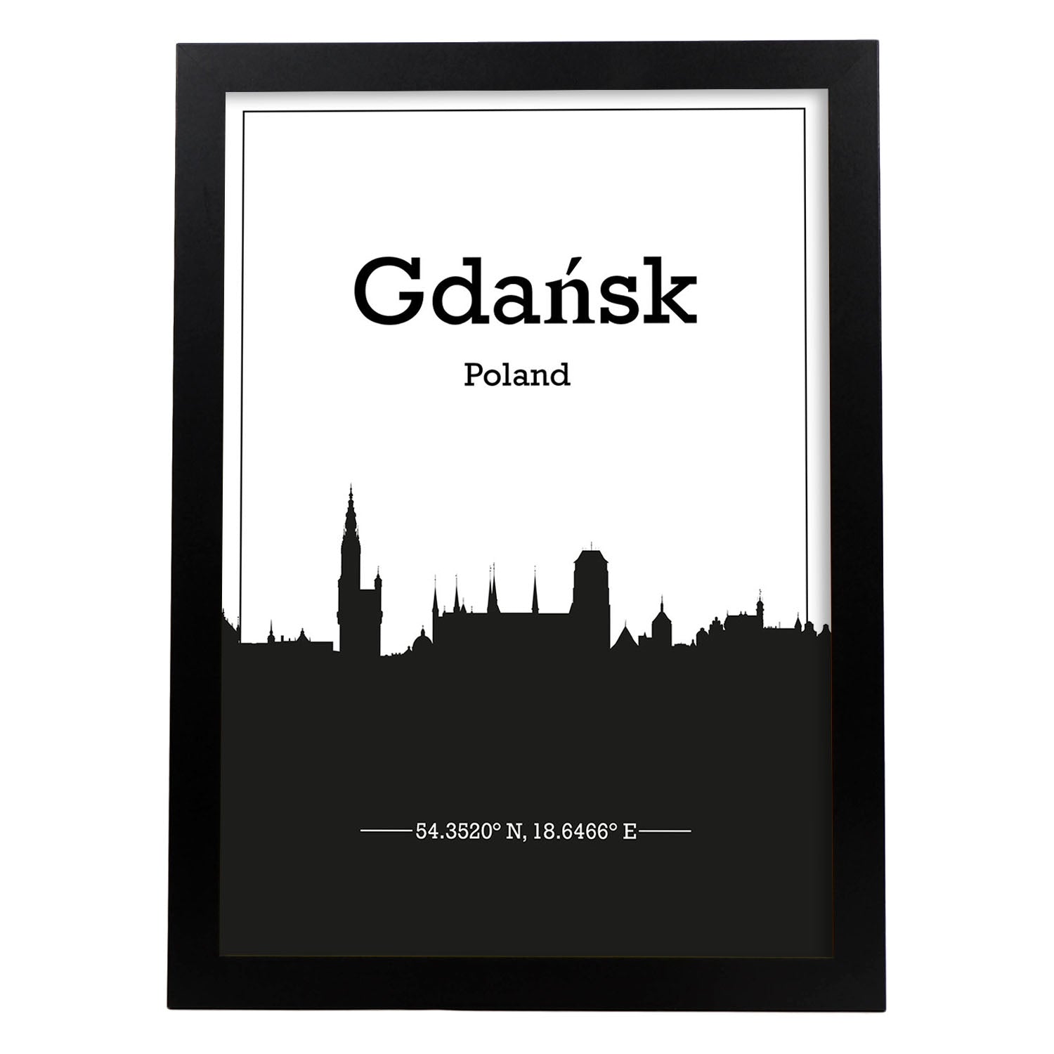 Poster con mapa de Gdansk - Polonia. Láminas con Skyline de ciudades de Europa con sombra negra.-Artwork-Nacnic-A3-Marco Negro-Nacnic Estudio SL