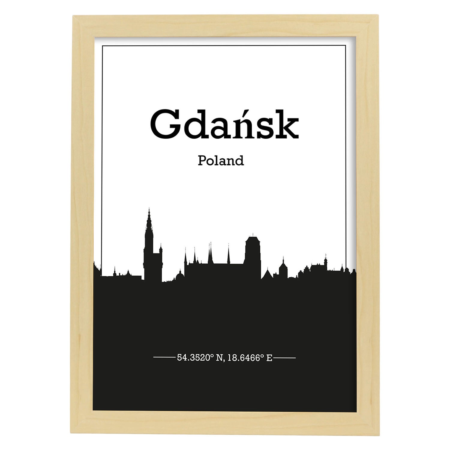 Poster con mapa de Gdansk - Polonia. Láminas con Skyline de ciudades de Europa con sombra negra.-Artwork-Nacnic-A4-Marco Madera clara-Nacnic Estudio SL