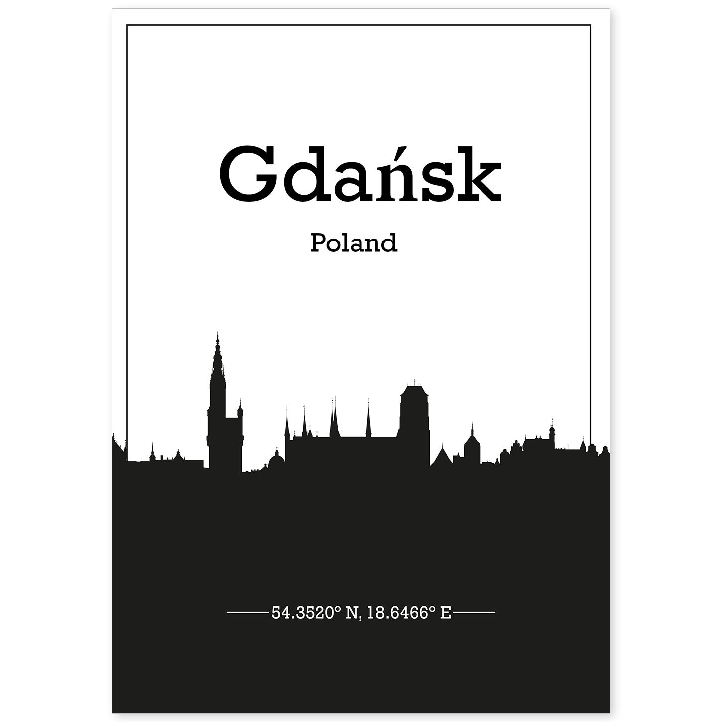 Poster con mapa de Gdansk - Polonia. Láminas con Skyline de ciudades de Europa con sombra negra.-Artwork-Nacnic-A4-Sin marco-Nacnic Estudio SL