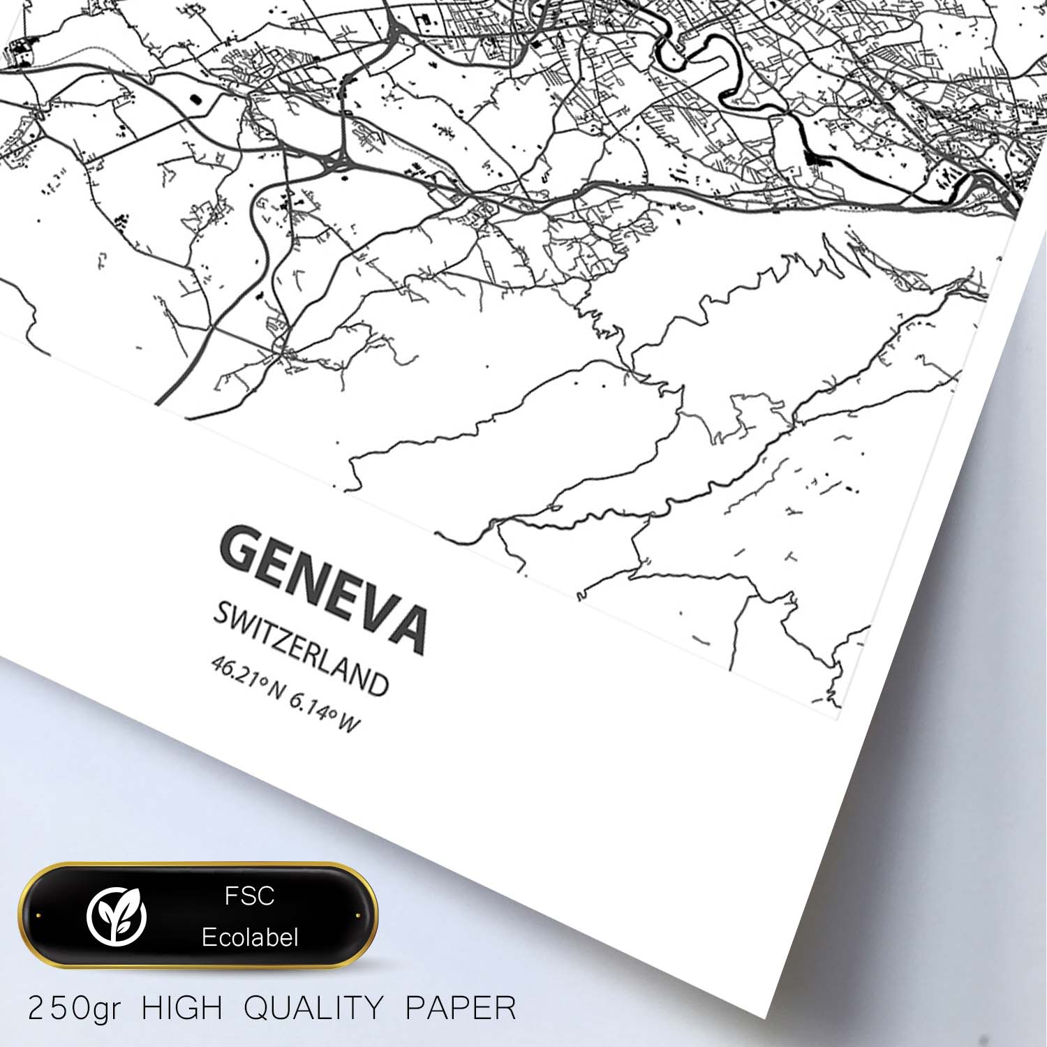 Poster con mapa de Geneva - Suiza. Láminas de ciudades de Europa con mares y ríos en color negro.-Artwork-Nacnic-Nacnic Estudio SL