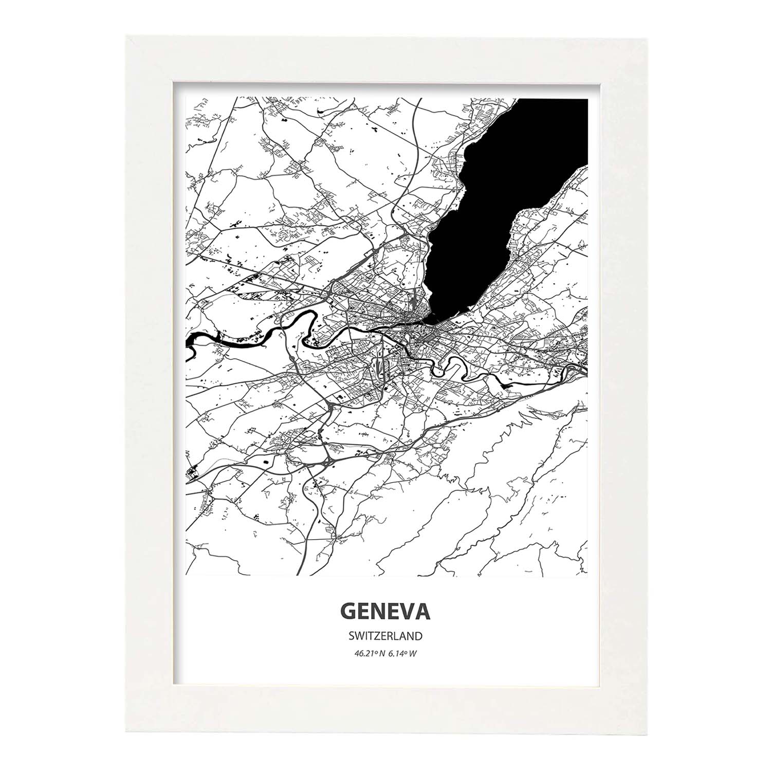 Poster con mapa de Geneva - Suiza. Láminas de ciudades de Europa con mares y ríos en color negro.-Artwork-Nacnic-A3-Marco Blanco-Nacnic Estudio SL