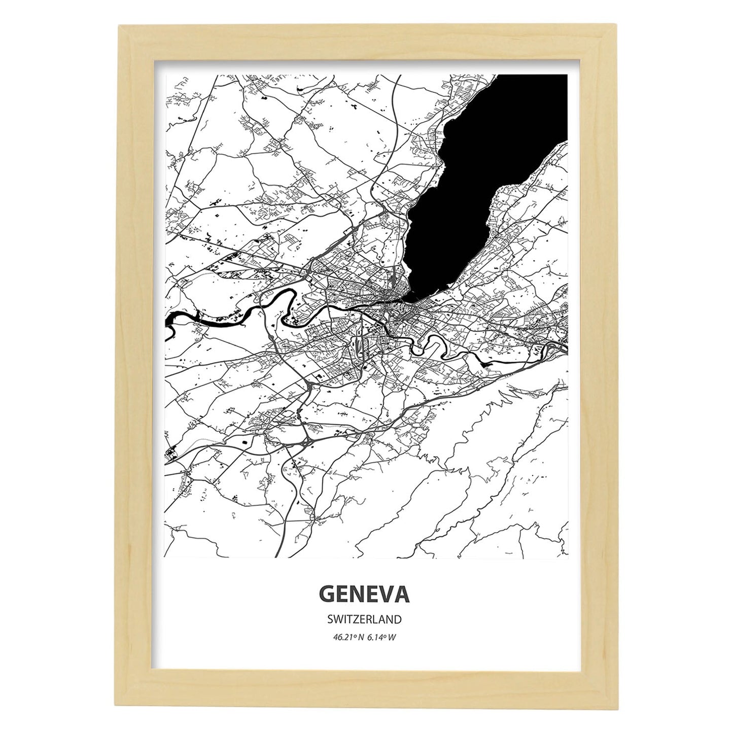 Poster con mapa de Geneva - Suiza. Láminas de ciudades de Europa con mares y ríos en color negro.-Artwork-Nacnic-A3-Marco Madera clara-Nacnic Estudio SL