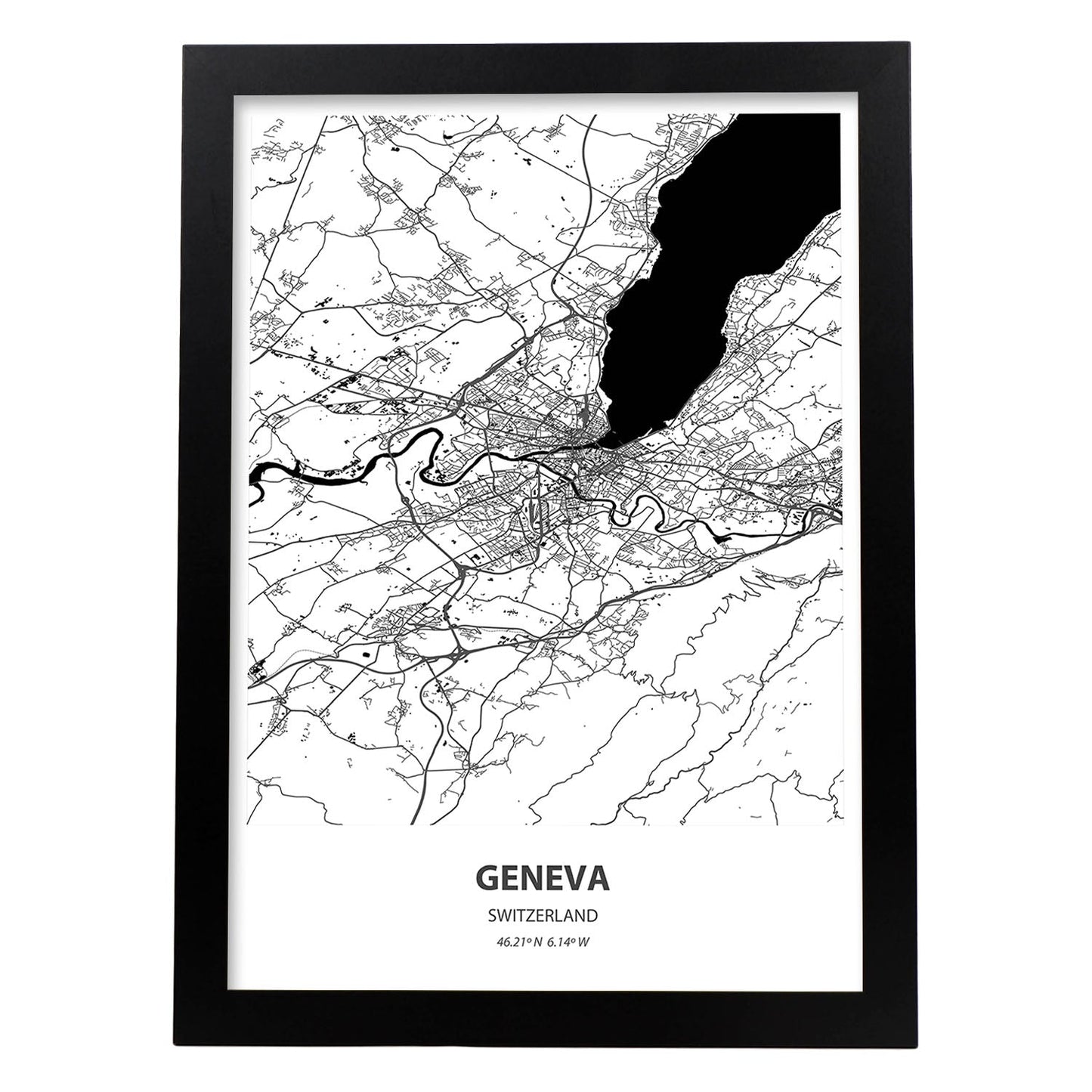 Poster con mapa de Geneva - Suiza. Láminas de ciudades de Europa con mares y ríos en color negro.-Artwork-Nacnic-A3-Marco Negro-Nacnic Estudio SL