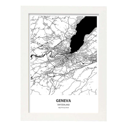 Poster con mapa de Geneva - Suiza. Láminas de ciudades de Europa con mares y ríos en color negro.-Artwork-Nacnic-A4-Marco Blanco-Nacnic Estudio SL