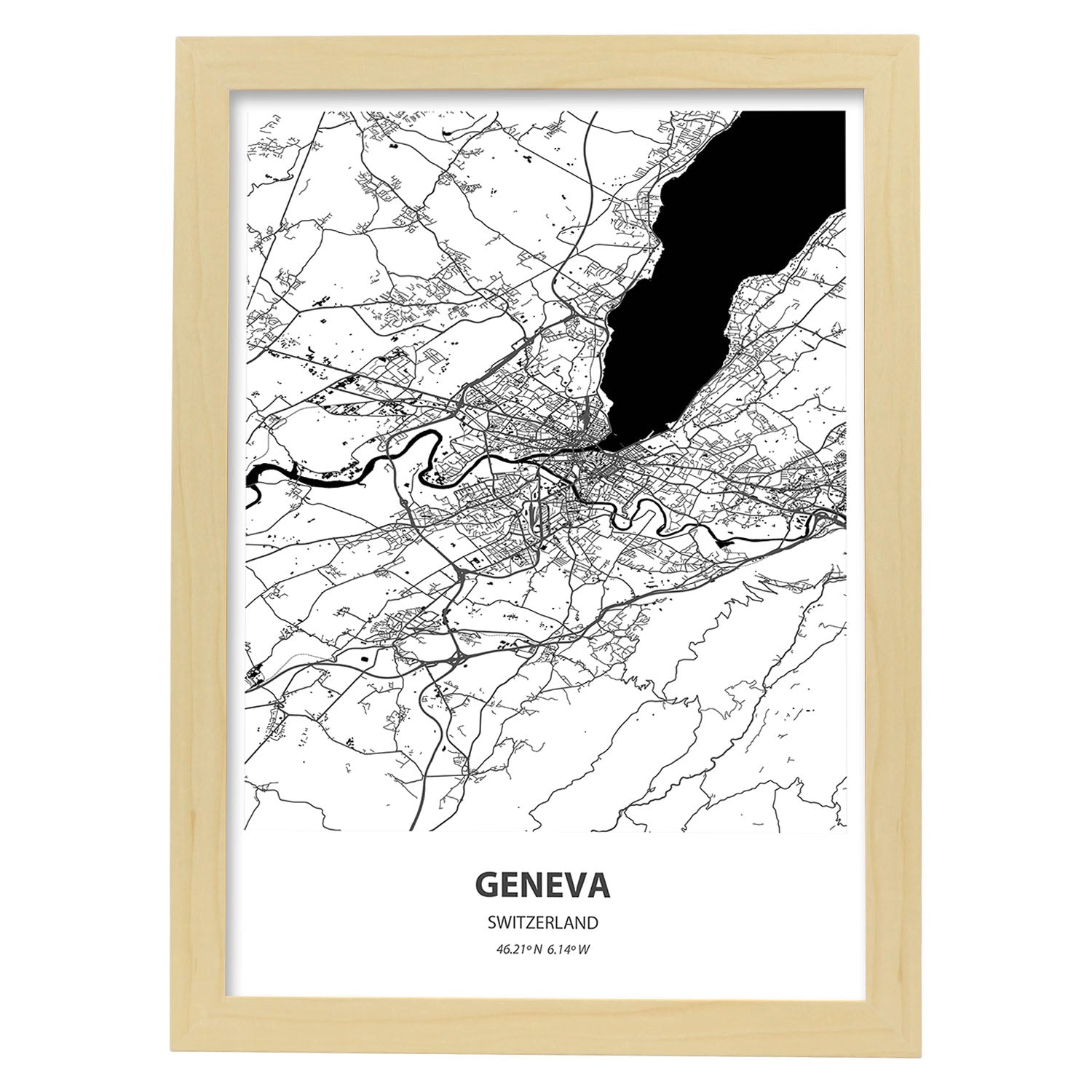 Poster con mapa de Geneva - Suiza. Láminas de ciudades de Europa con mares y ríos en color negro.-Artwork-Nacnic-A4-Marco Madera clara-Nacnic Estudio SL