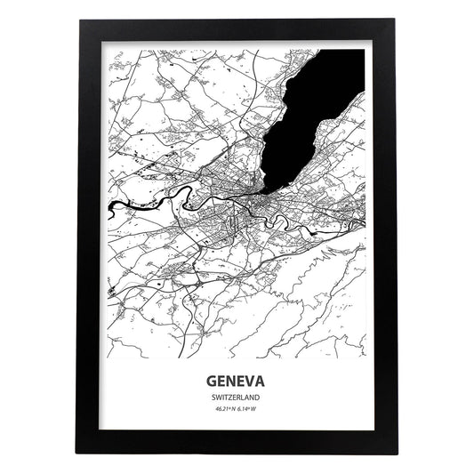 Poster con mapa de Geneva - Suiza. Láminas de ciudades de Europa con mares y ríos en color negro.-Artwork-Nacnic-A4-Marco Negro-Nacnic Estudio SL