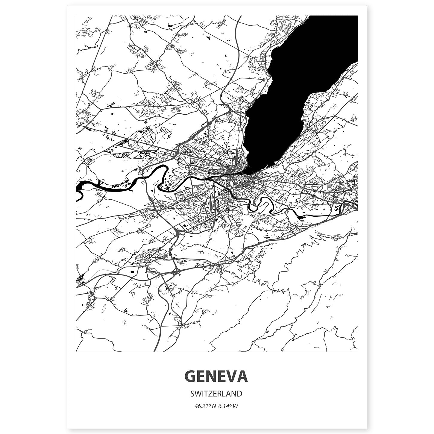 Poster con mapa de Geneva - Suiza. Láminas de ciudades de Europa con mares y ríos en color negro.-Artwork-Nacnic-A4-Sin marco-Nacnic Estudio SL