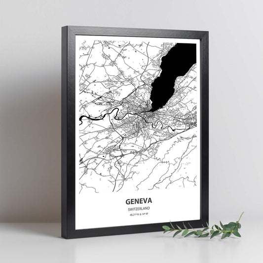 Poster con mapa de Geneva - Suiza. Láminas de ciudades de Europa con mares y ríos en color negro.-Artwork-Nacnic-Nacnic Estudio SL