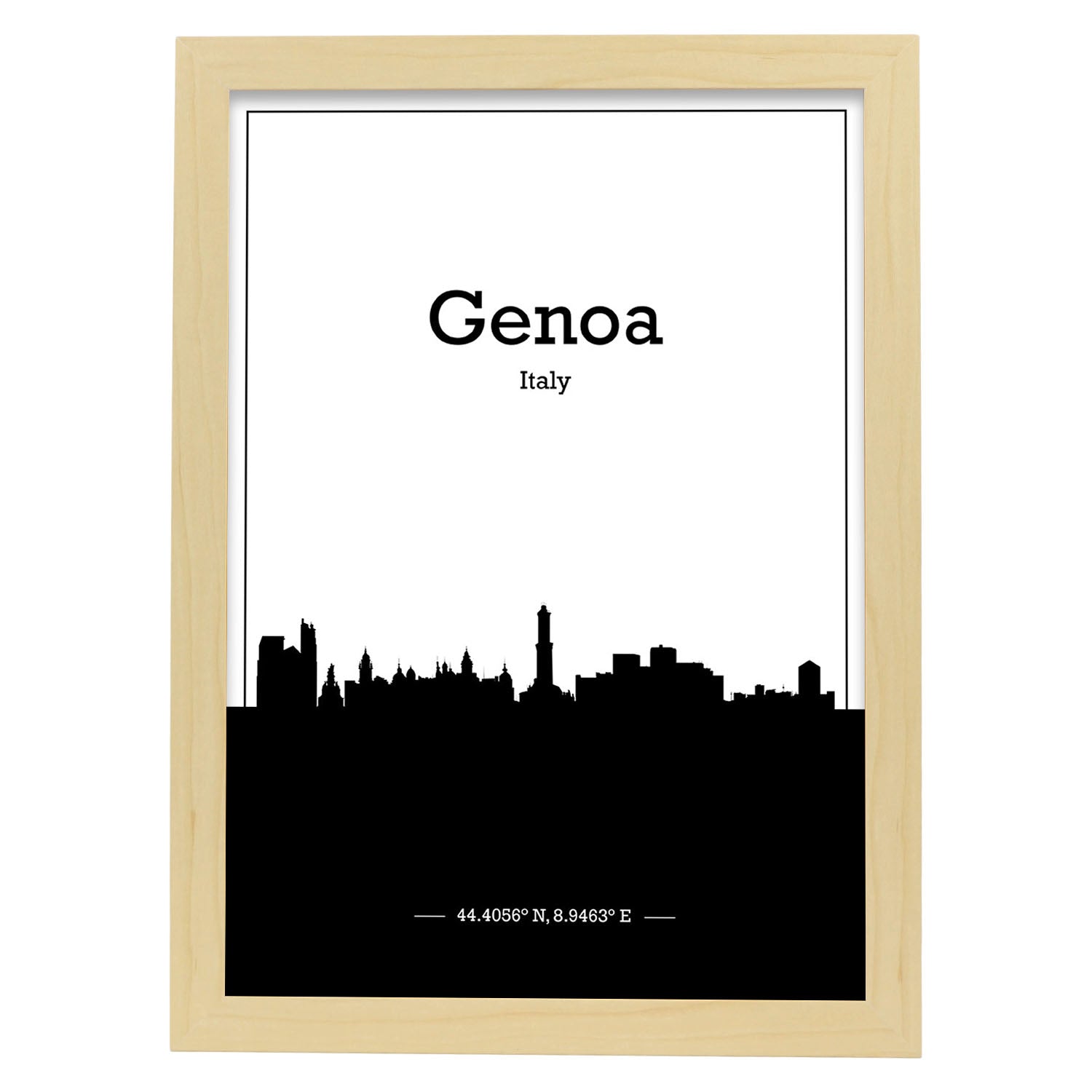 Poster con mapa de Genoa - Italia. Láminas con Skyline de ciudades de Italia con sombra negra.-Artwork-Nacnic-A3-Marco Madera clara-Nacnic Estudio SL