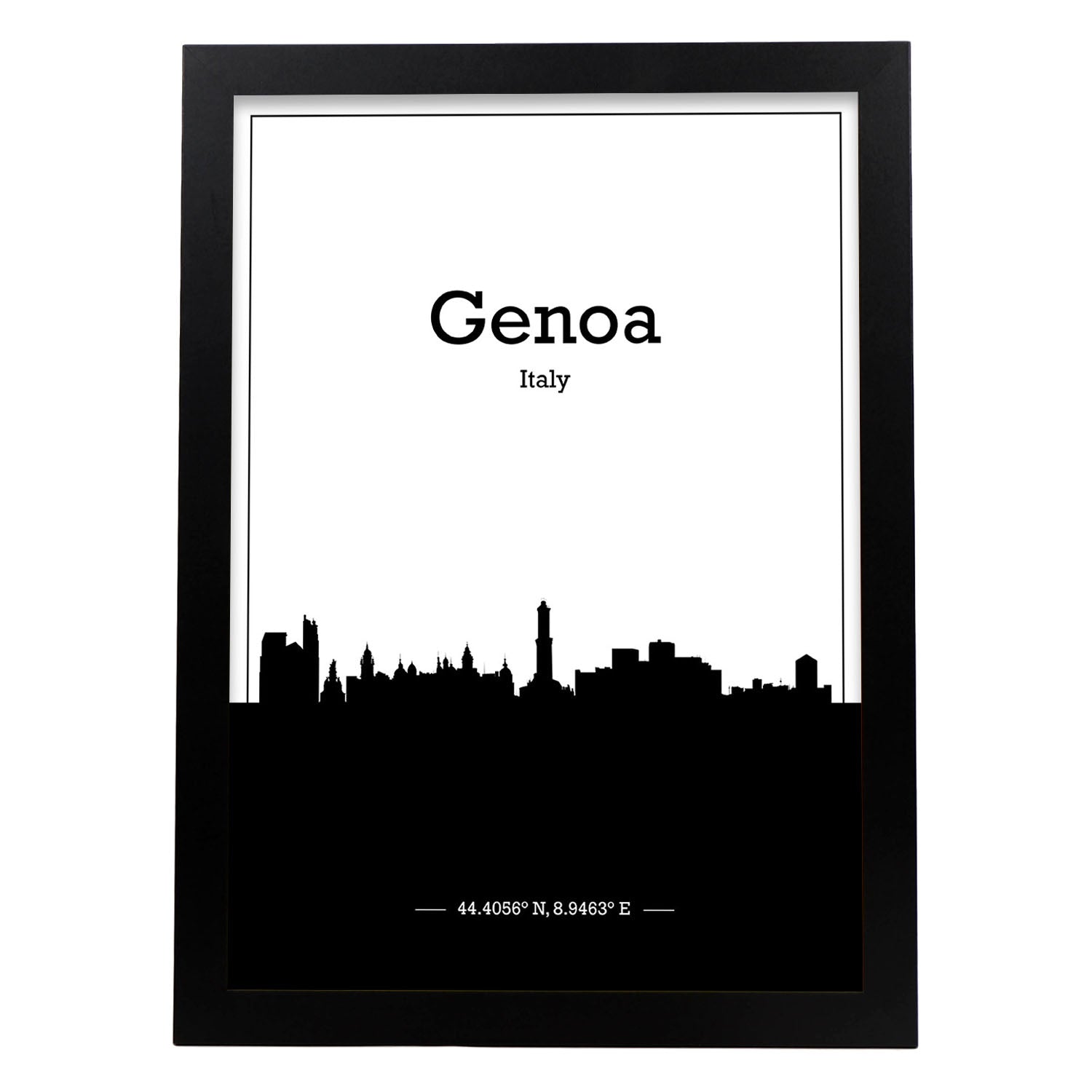 Poster con mapa de Genoa - Italia. Láminas con Skyline de ciudades de Italia con sombra negra.-Artwork-Nacnic-A3-Marco Negro-Nacnic Estudio SL