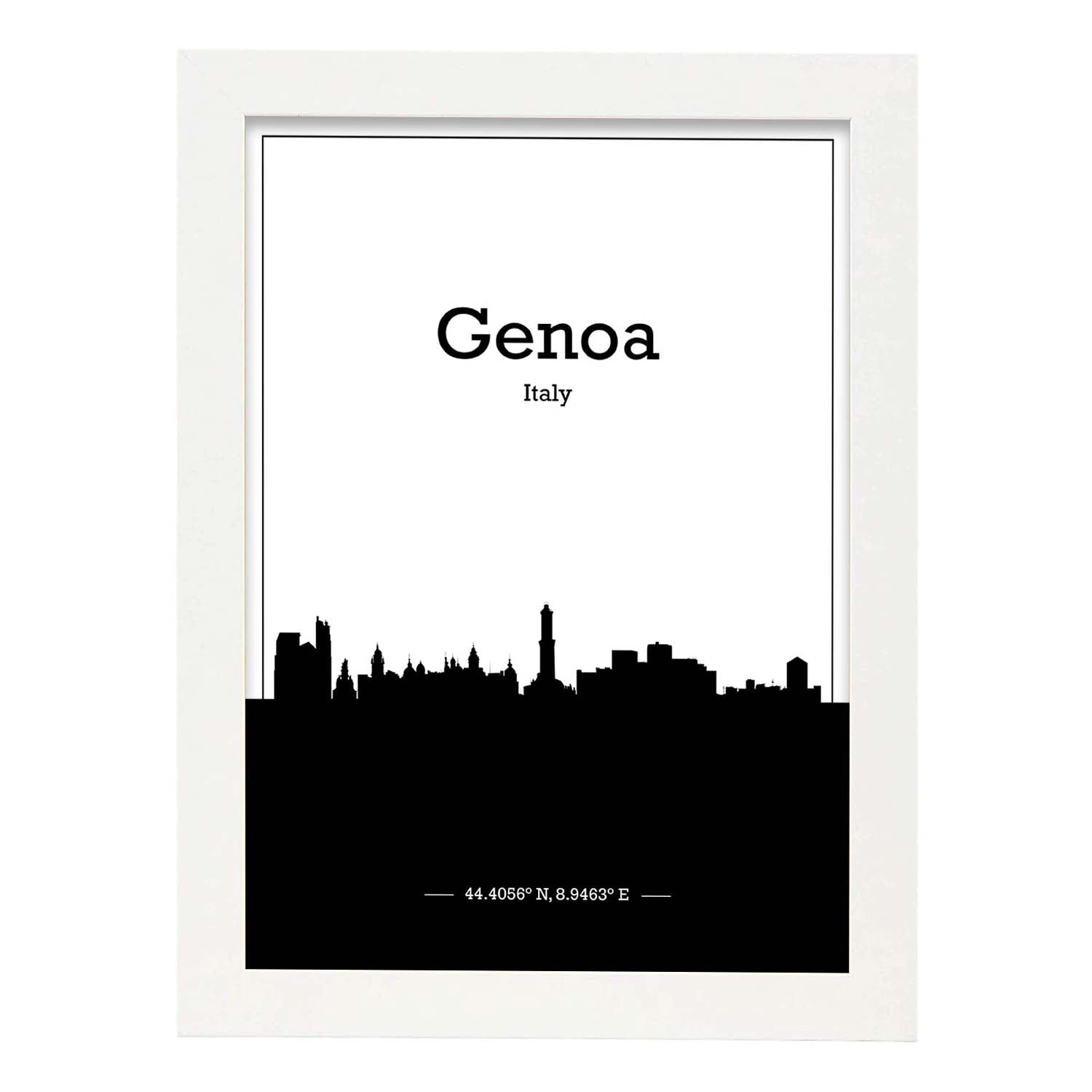 Poster con mapa de Genoa - Italia. Láminas con Skyline de ciudades de Italia con sombra negra.-Artwork-Nacnic-A4-Marco Blanco-Nacnic Estudio SL