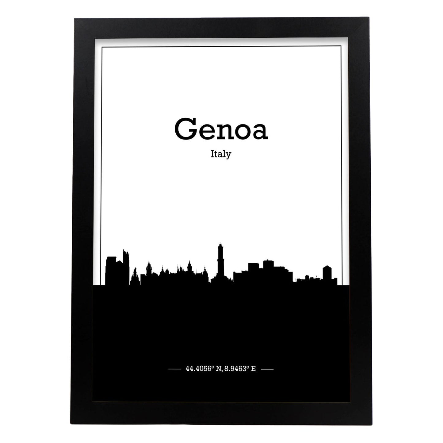 Poster con mapa de Genoa - Italia. Láminas con Skyline de ciudades de Italia con sombra negra.-Artwork-Nacnic-A4-Marco Negro-Nacnic Estudio SL