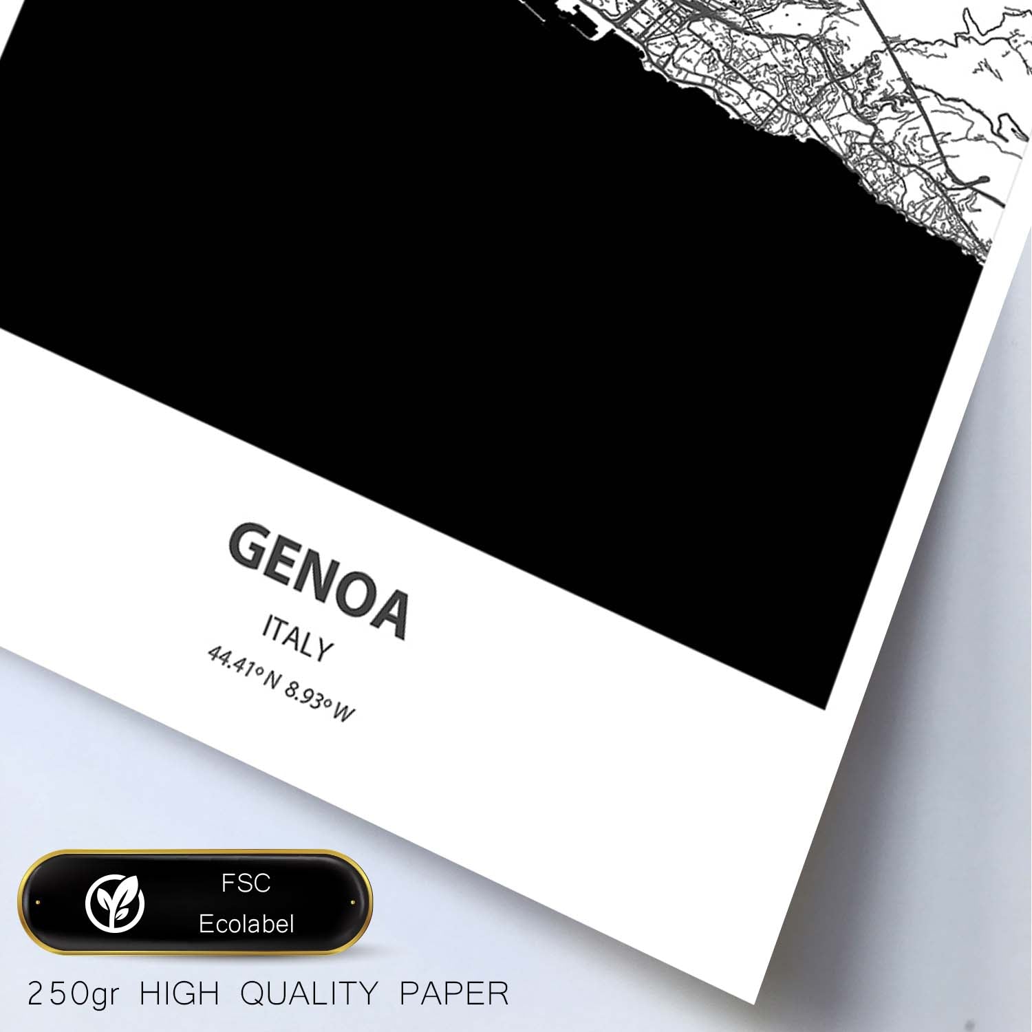 Poster con mapa de Genoa - Italia. Láminas de ciudades de Italia con mares y ríos en color negro.-Artwork-Nacnic-Nacnic Estudio SL