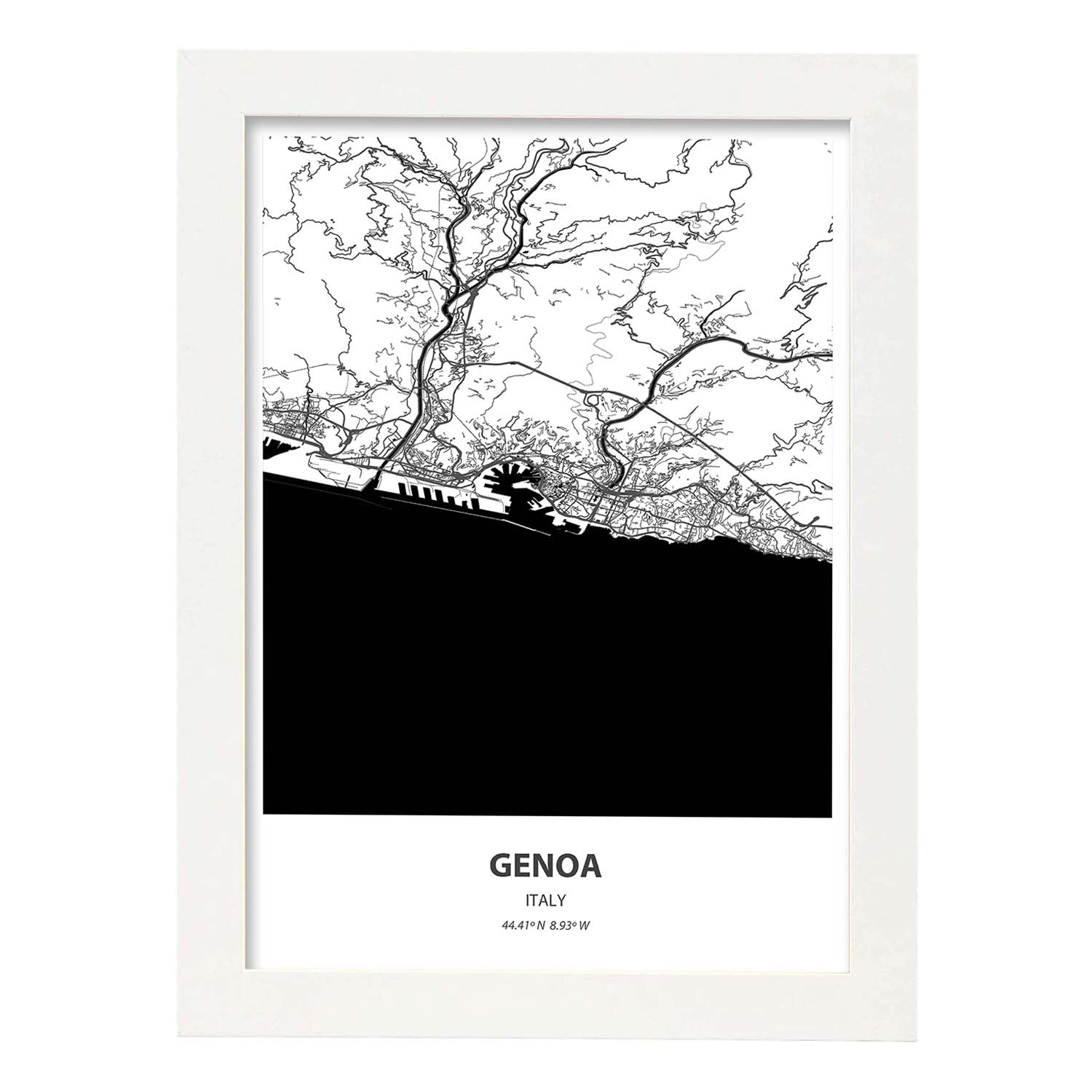 Poster con mapa de Genoa - Italia. Láminas de ciudades de Italia con mares y ríos en color negro.-Artwork-Nacnic-A3-Marco Blanco-Nacnic Estudio SL