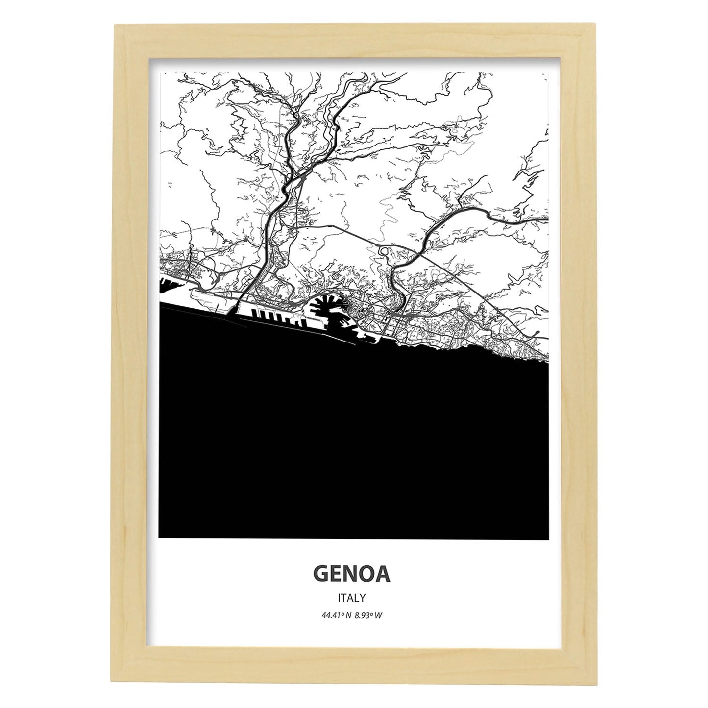 Poster con mapa de Genoa - Italia. Láminas de ciudades de Italia con mares y ríos en color negro.-Artwork-Nacnic-A3-Marco Madera clara-Nacnic Estudio SL