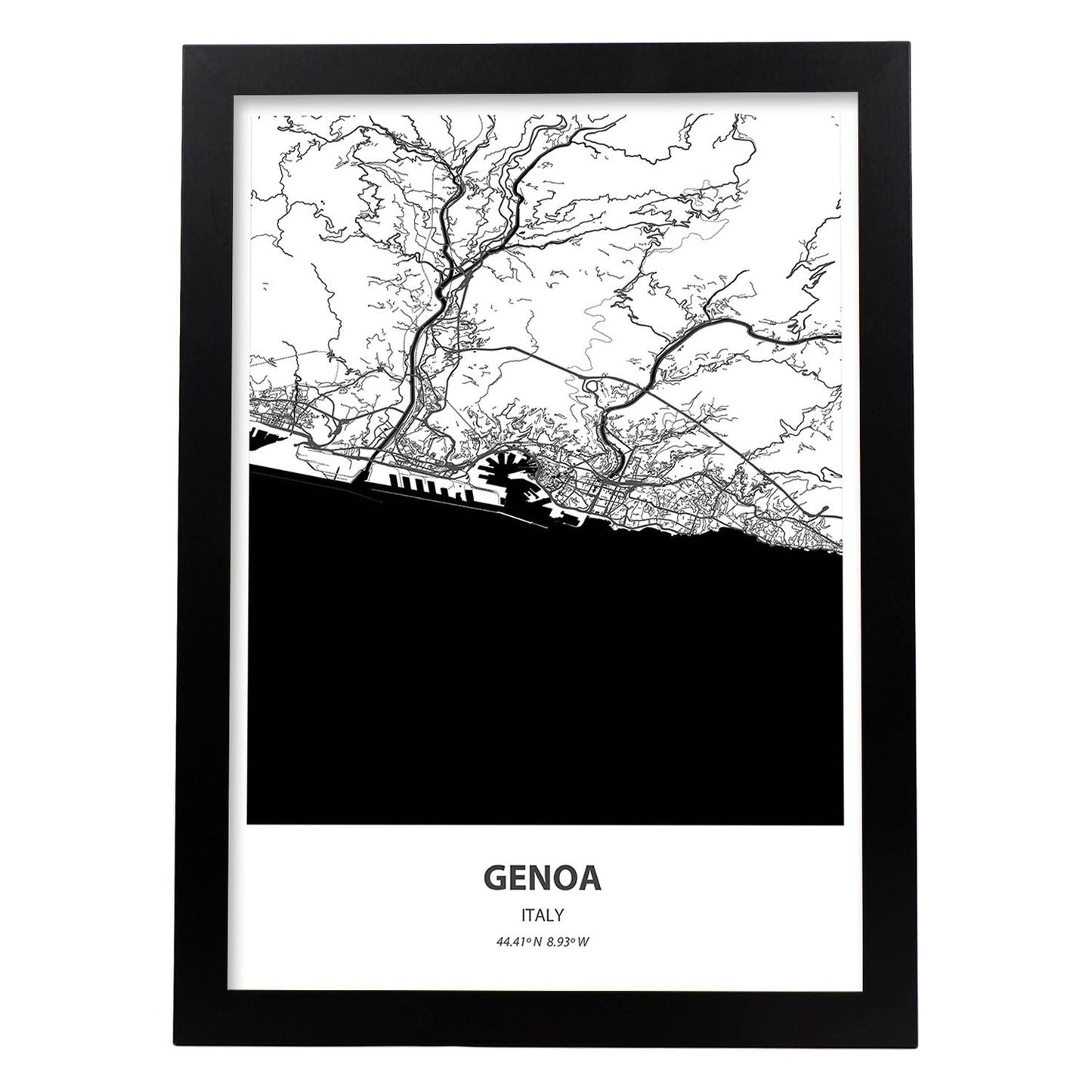 Poster con mapa de Genoa - Italia. Láminas de ciudades de Italia con mares y ríos en color negro.-Artwork-Nacnic-A3-Marco Negro-Nacnic Estudio SL