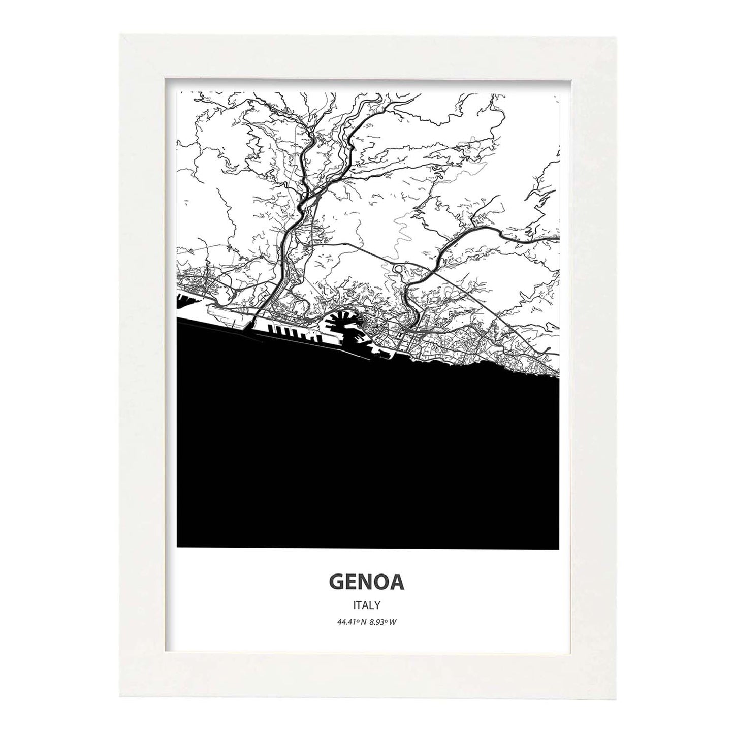 Poster con mapa de Genoa - Italia. Láminas de ciudades de Italia con mares y ríos en color negro.-Artwork-Nacnic-A4-Marco Blanco-Nacnic Estudio SL