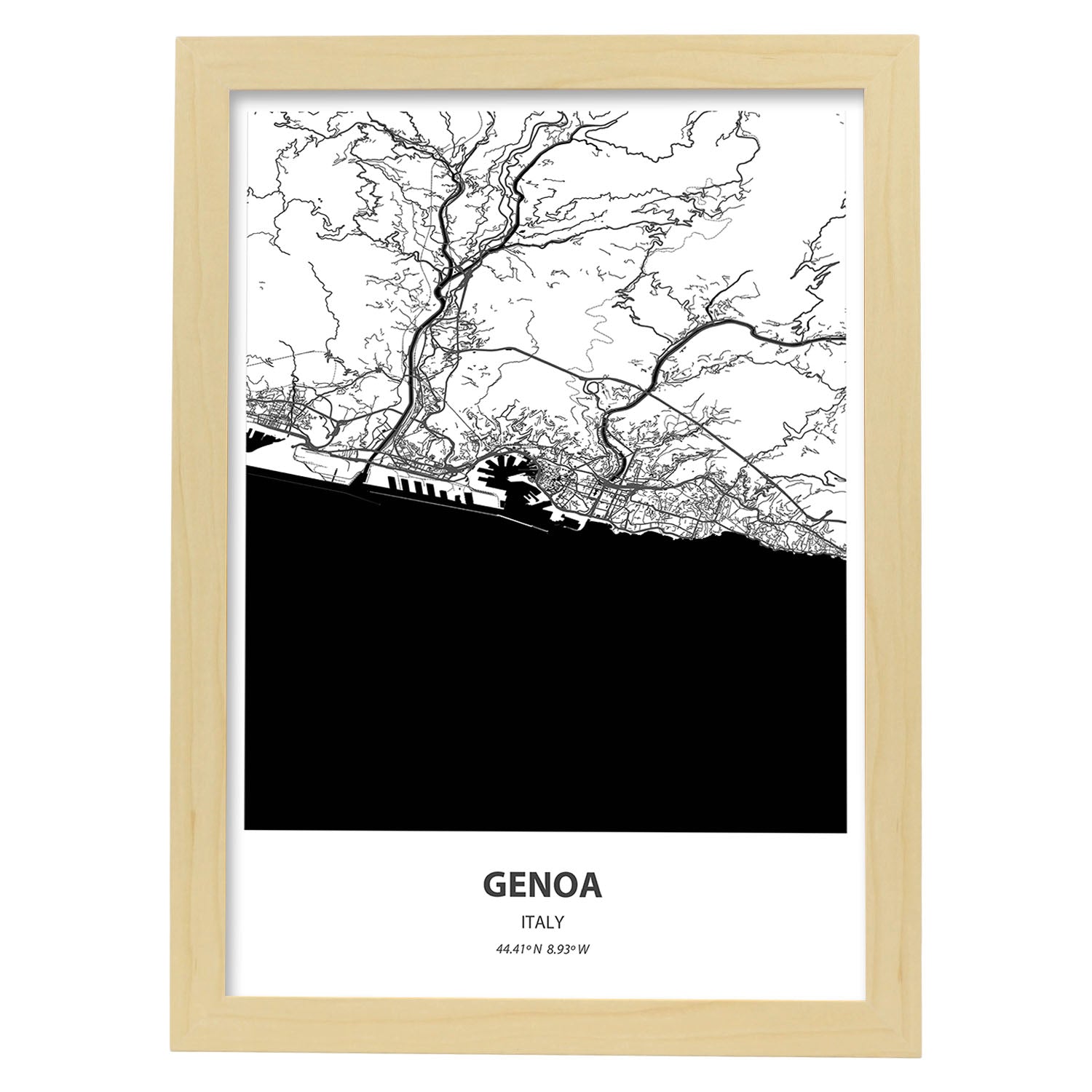 Poster con mapa de Genoa - Italia. Láminas de ciudades de Italia con mares y ríos en color negro.-Artwork-Nacnic-A4-Marco Madera clara-Nacnic Estudio SL