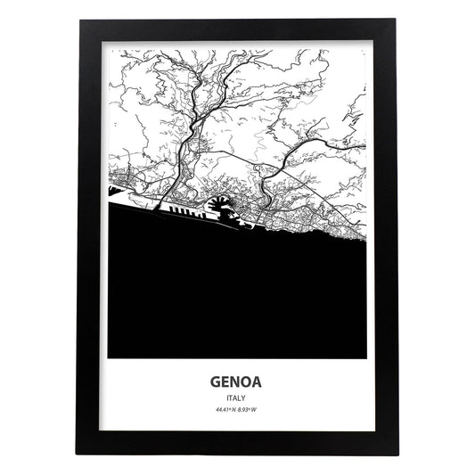 Poster con mapa de Genoa - Italia. Láminas de ciudades de Italia con mares y ríos en color negro.-Artwork-Nacnic-A4-Marco Negro-Nacnic Estudio SL
