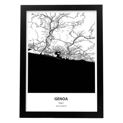 Poster con mapa de Genoa - Italia. Láminas de ciudades de Italia con mares y ríos en color negro.-Artwork-Nacnic-A4-Marco Negro-Nacnic Estudio SL