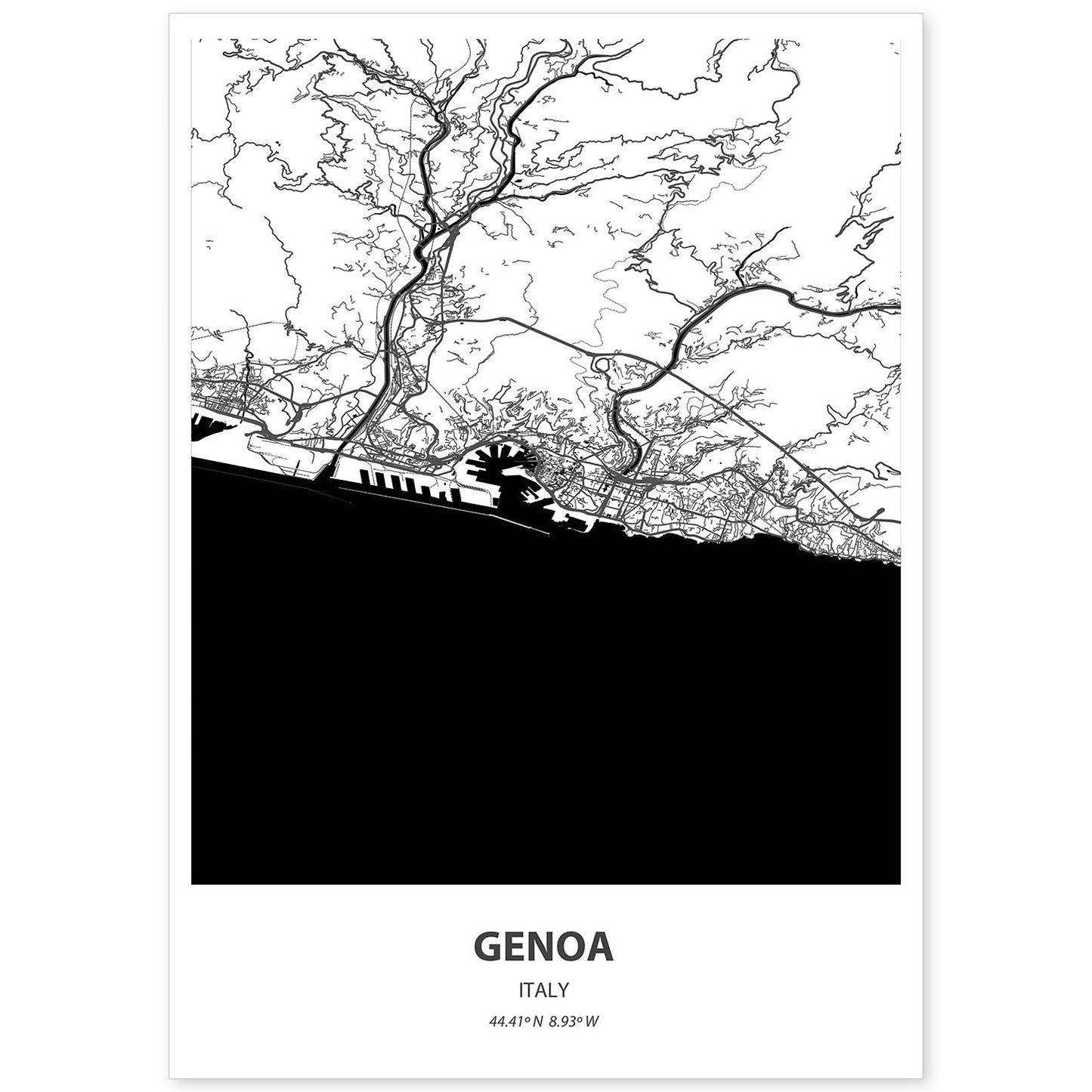 Poster con mapa de Genoa - Italia. Láminas de ciudades de Italia con mares y ríos en color negro.-Artwork-Nacnic-A4-Sin marco-Nacnic Estudio SL