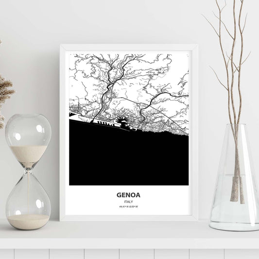 Poster con mapa de Genoa - Italia. Láminas de ciudades de Italia con mares y ríos en color negro.-Artwork-Nacnic-Nacnic Estudio SL