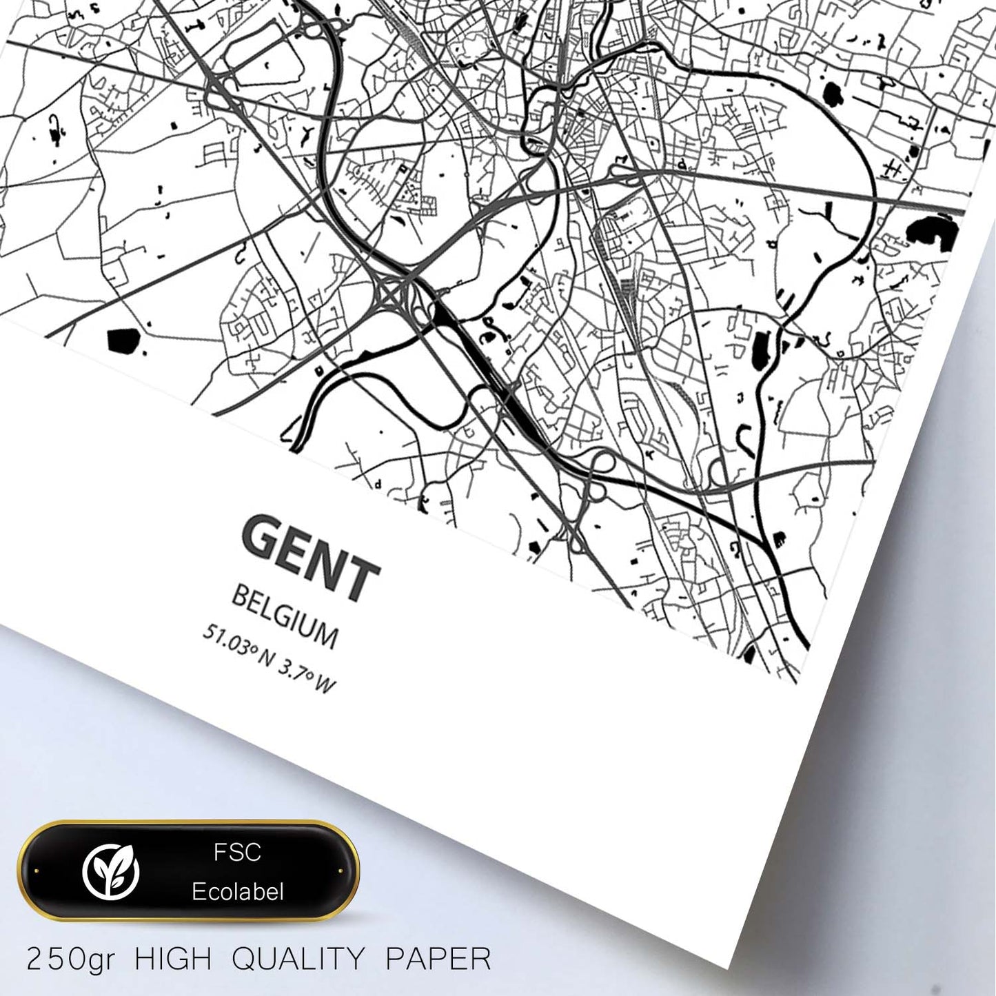 Poster con mapa de Gent - Belgica. Láminas de ciudades de Holanda y Bélgica con mares y ríos en color negro.-Artwork-Nacnic-Nacnic Estudio SL