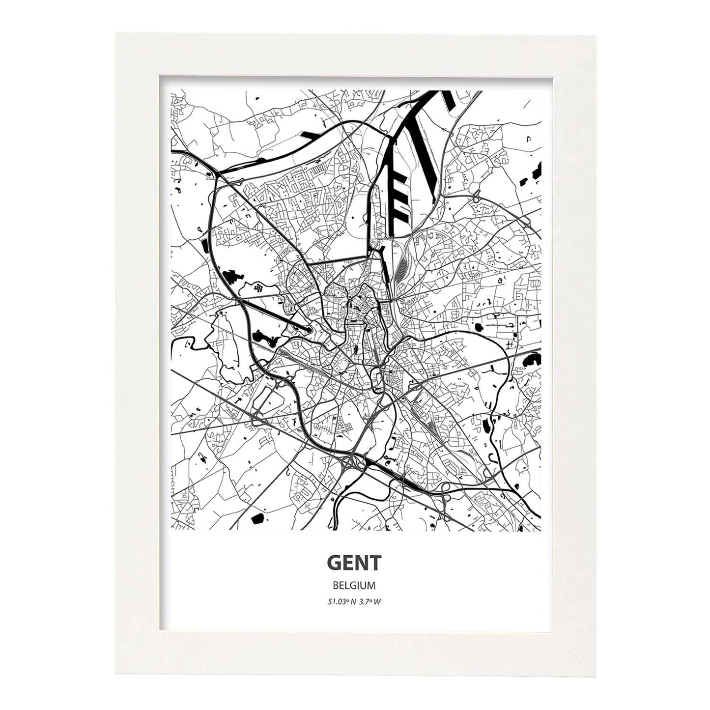 Poster con mapa de Gent - Belgica. Láminas de ciudades de Holanda y Bélgica con mares y ríos en color negro.-Artwork-Nacnic-A3-Marco Blanco-Nacnic Estudio SL