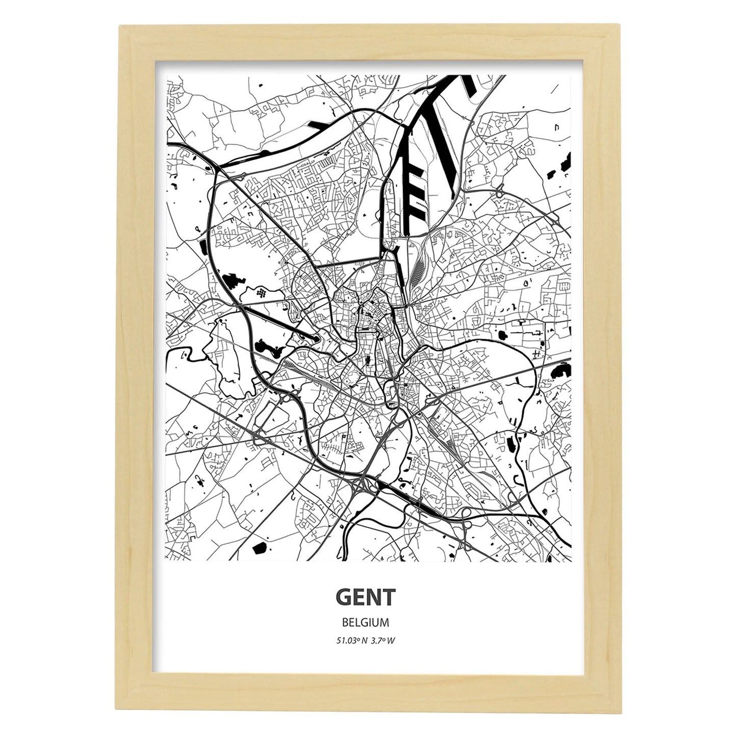 Poster con mapa de Gent - Belgica. Láminas de ciudades de Holanda y Bélgica con mares y ríos en color negro.-Artwork-Nacnic-A3-Marco Madera clara-Nacnic Estudio SL