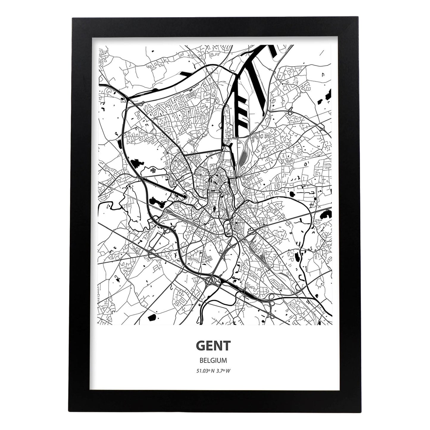 Poster con mapa de Gent - Belgica. Láminas de ciudades de Holanda y Bélgica con mares y ríos en color negro.-Artwork-Nacnic-A3-Marco Negro-Nacnic Estudio SL