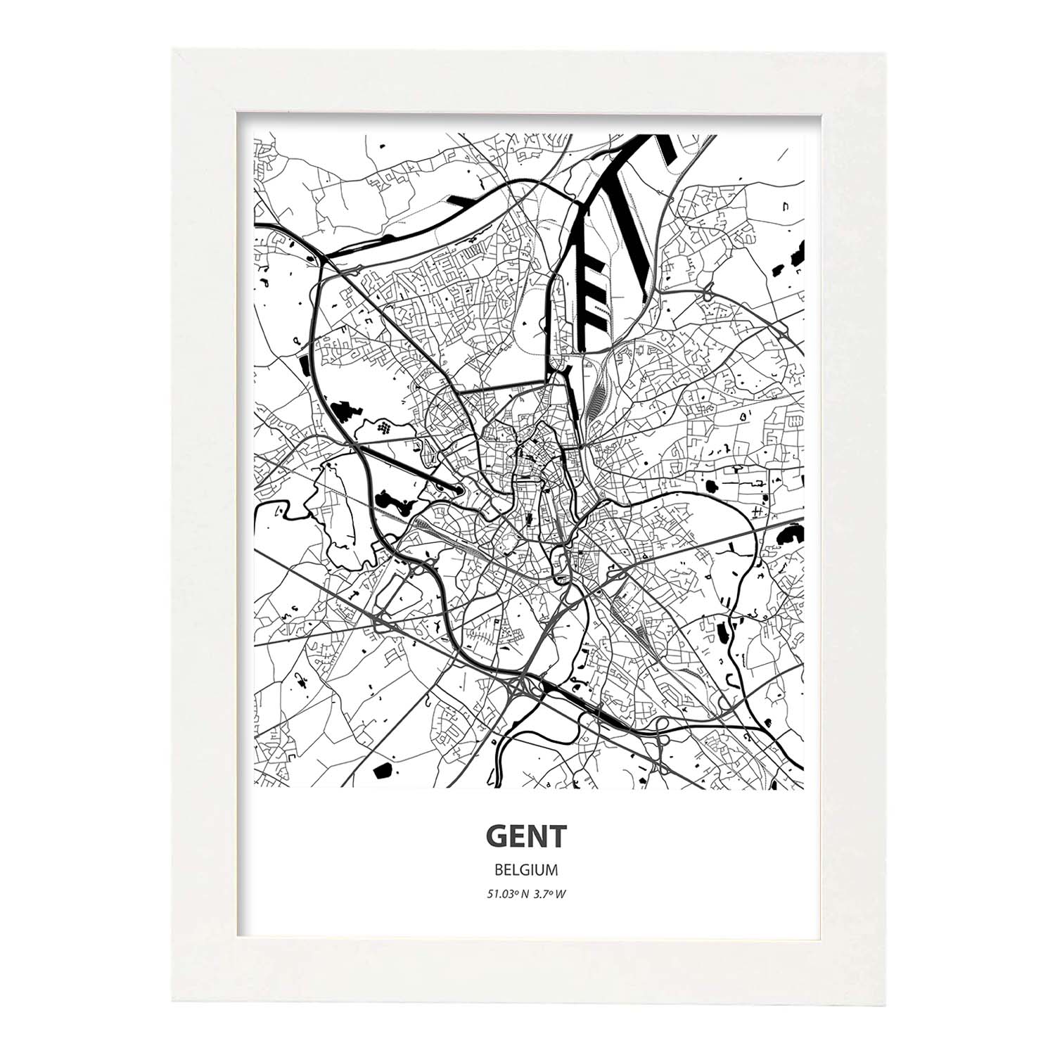 Poster con mapa de Gent - Belgica. Láminas de ciudades de Holanda y Bélgica con mares y ríos en color negro.-Artwork-Nacnic-A4-Marco Blanco-Nacnic Estudio SL