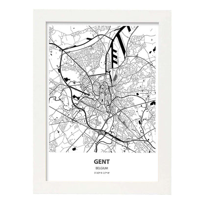 Poster con mapa de Gent - Belgica. Láminas de ciudades de Holanda y Bélgica con mares y ríos en color negro.-Artwork-Nacnic-A4-Marco Blanco-Nacnic Estudio SL
