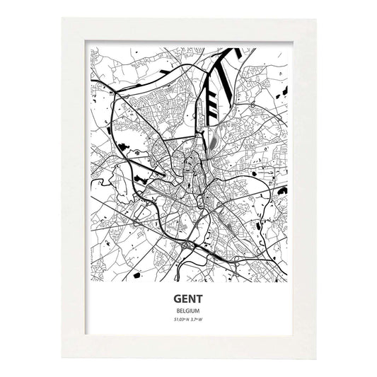 Poster con mapa de Gent - Belgica. Láminas de ciudades de Holanda y Bélgica con mares y ríos en color negro.-Artwork-Nacnic-A4-Marco Blanco-Nacnic Estudio SL