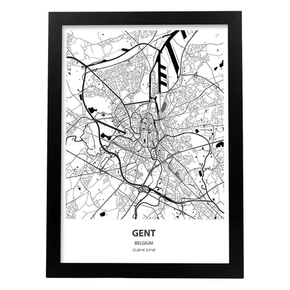 Poster con mapa de Gent - Belgica. Láminas de ciudades de Holanda y Bélgica con mares y ríos en color negro.-Artwork-Nacnic-A4-Marco Negro-Nacnic Estudio SL