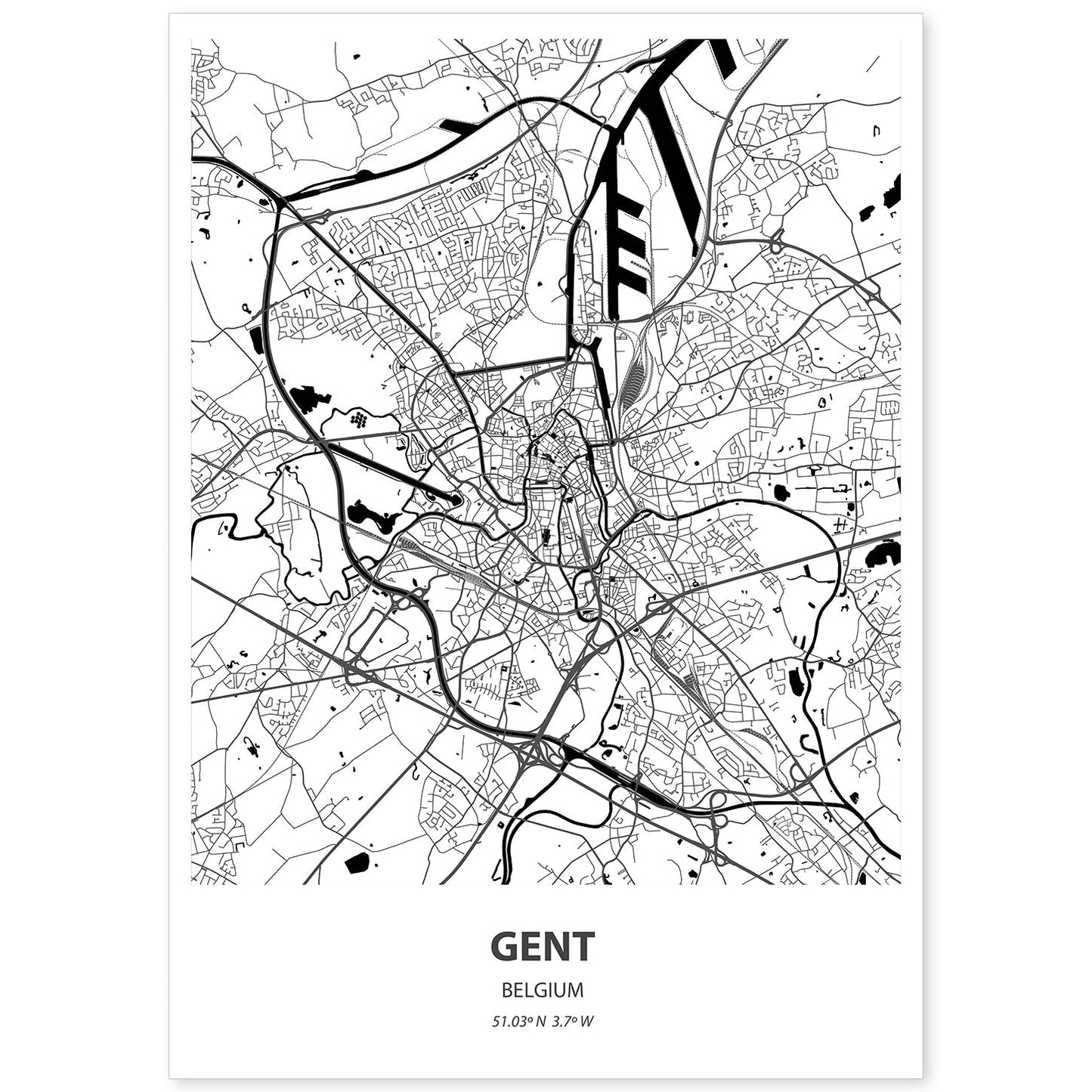 Poster con mapa de Gent - Belgica. Láminas de ciudades de Holanda y Bélgica con mares y ríos en color negro.-Artwork-Nacnic-A4-Sin marco-Nacnic Estudio SL