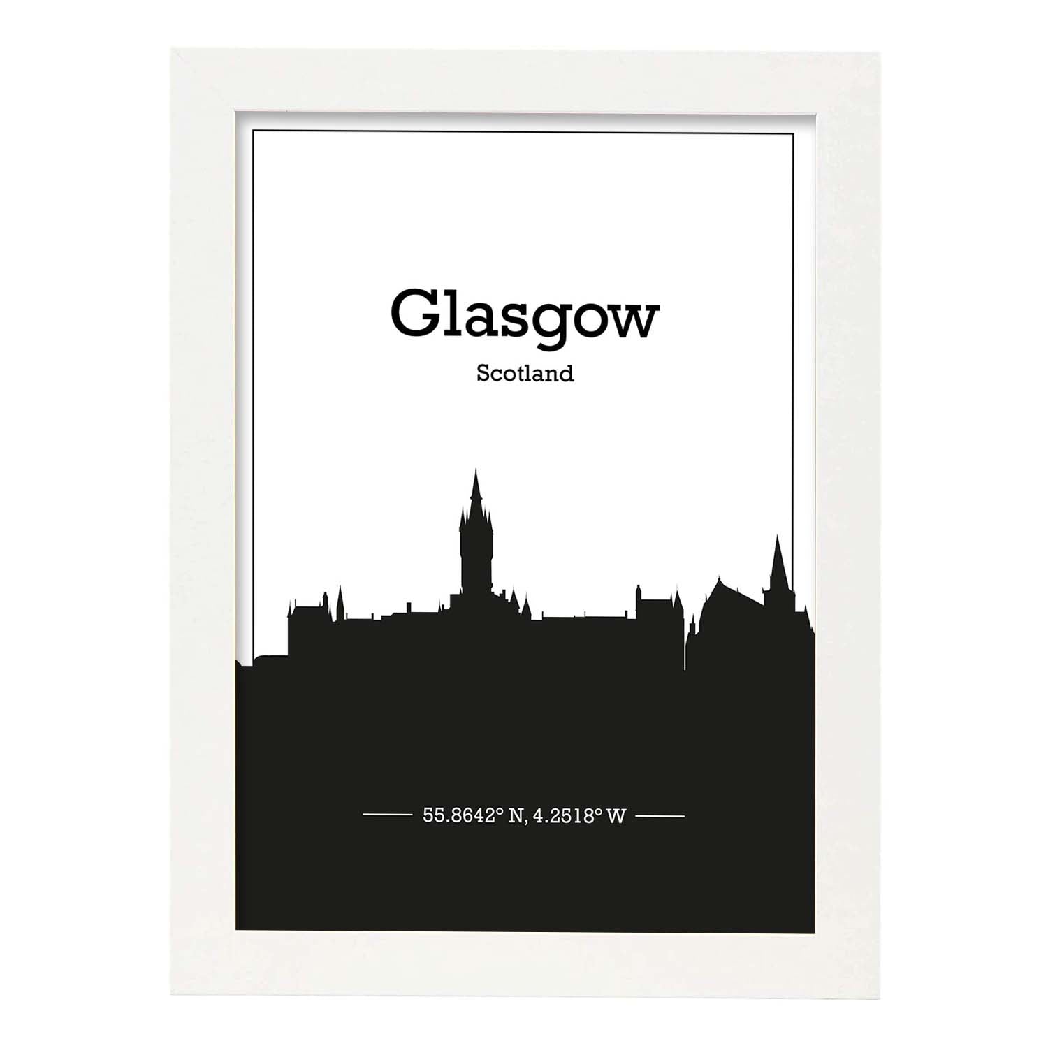 Poster con mapa de Glasgow - Escocia. Láminas con Skyline de ciudades de Europa con sombra negra.-Artwork-Nacnic-A3-Marco Blanco-Nacnic Estudio SL