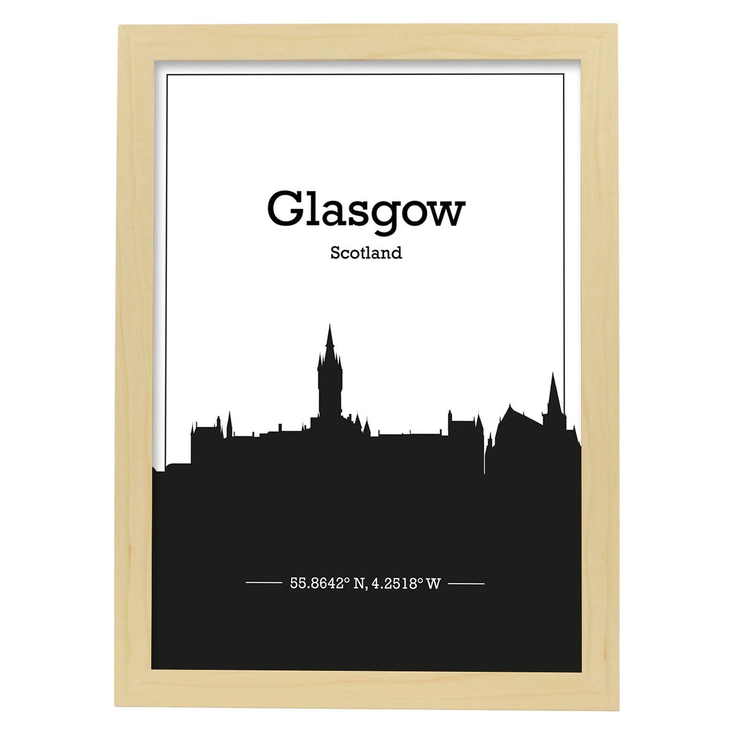 Poster con mapa de Glasgow - Escocia. Láminas con Skyline de ciudades de Europa con sombra negra.-Artwork-Nacnic-A3-Marco Madera clara-Nacnic Estudio SL