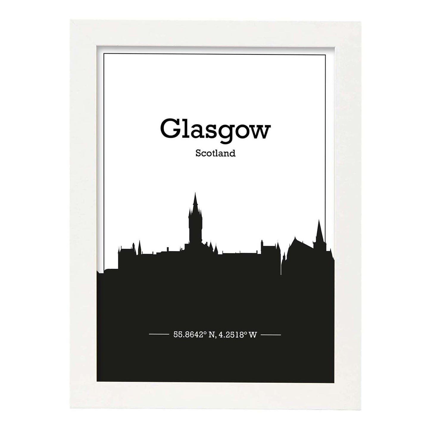 Poster con mapa de Glasgow - Escocia. Láminas con Skyline de ciudades de Europa con sombra negra.-Artwork-Nacnic-A4-Marco Blanco-Nacnic Estudio SL