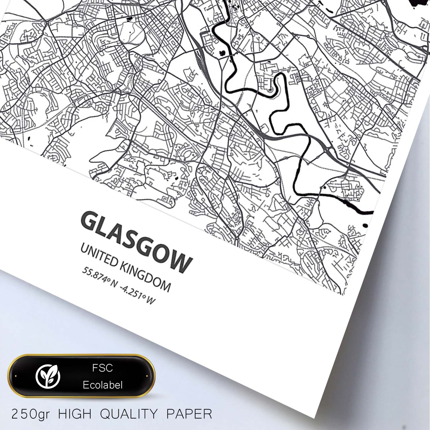 Poster con mapa de Glasgow - Reino Unido. Láminas de ciudades de Reino Unido con mares y ríos en color negro.-Artwork-Nacnic-Nacnic Estudio SL