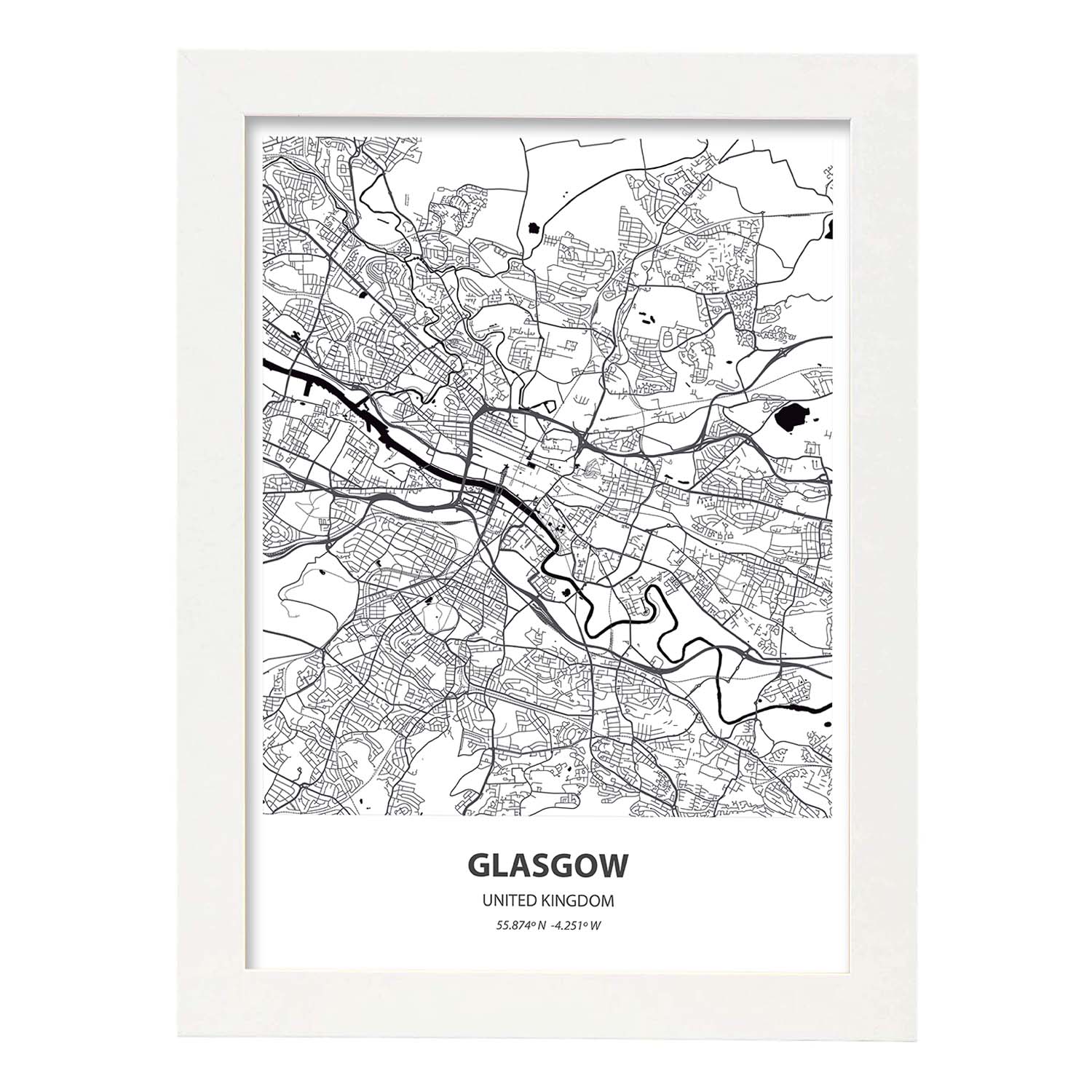 Poster con mapa de Glasgow - Reino Unido. Láminas de ciudades de Reino Unido con mares y ríos en color negro.-Artwork-Nacnic-A3-Marco Blanco-Nacnic Estudio SL