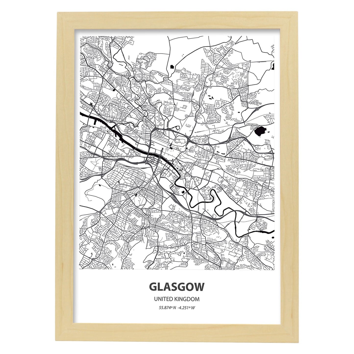 Poster con mapa de Glasgow - Reino Unido. Láminas de ciudades de Reino Unido con mares y ríos en color negro.-Artwork-Nacnic-A3-Marco Madera clara-Nacnic Estudio SL