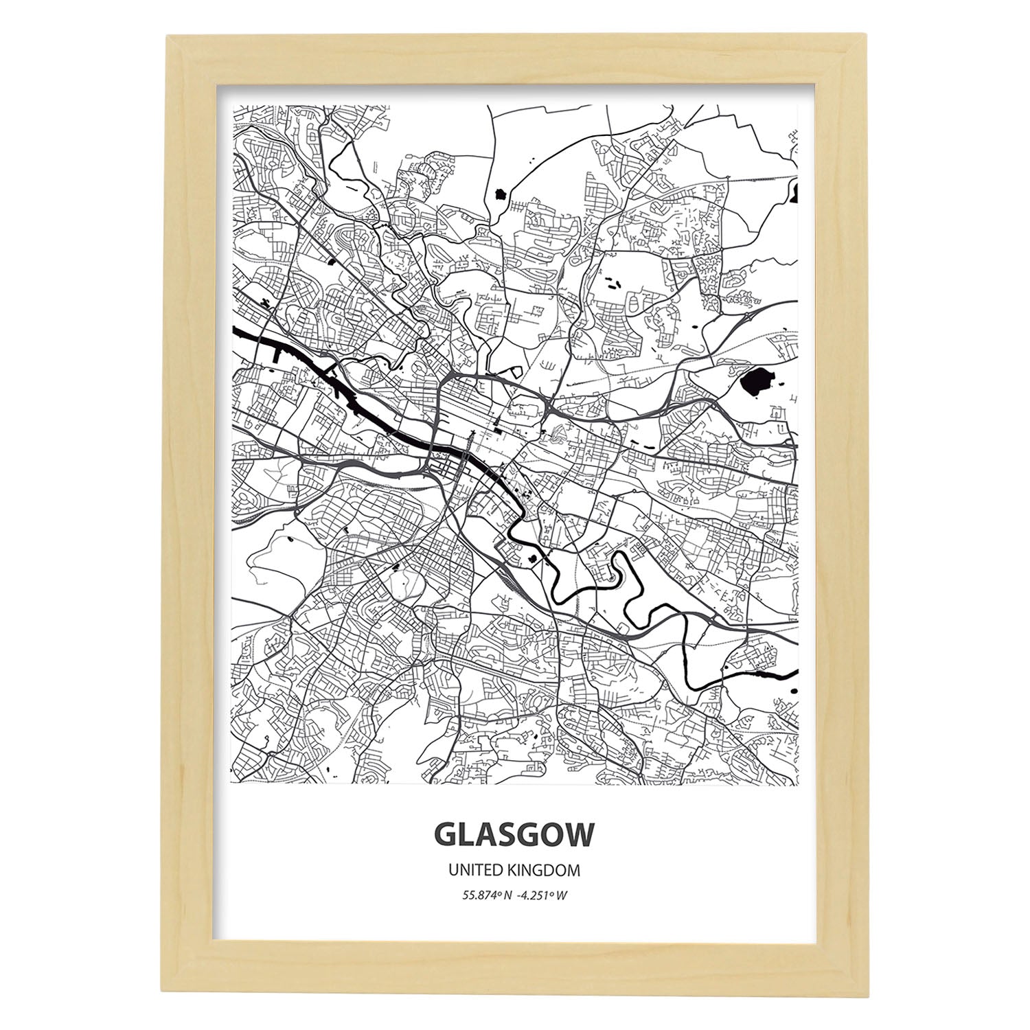 Poster con mapa de Glasgow - Reino Unido. Láminas de ciudades de Reino Unido con mares y ríos en color negro.-Artwork-Nacnic-A3-Marco Madera clara-Nacnic Estudio SL