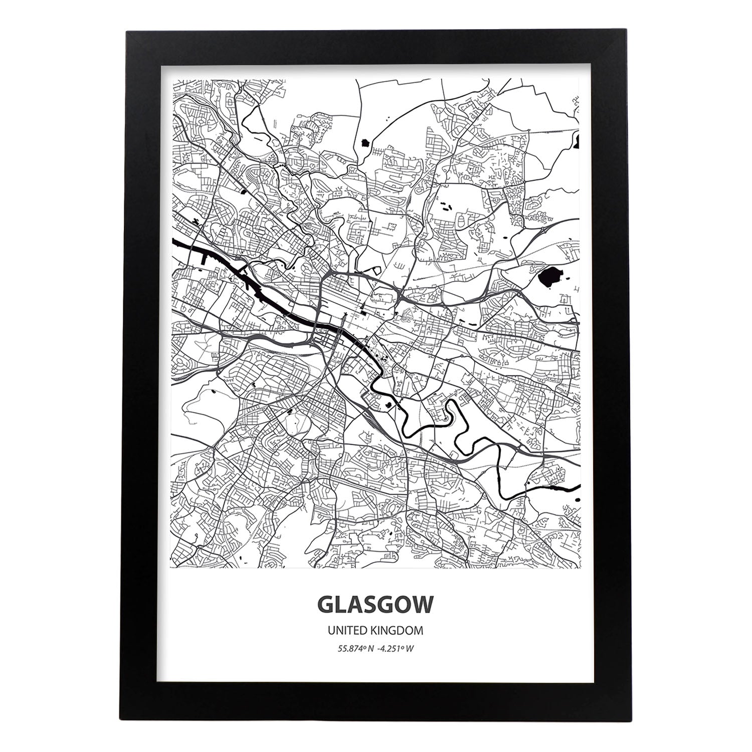 Poster con mapa de Glasgow - Reino Unido. Láminas de ciudades de Reino Unido con mares y ríos en color negro.-Artwork-Nacnic-A3-Marco Negro-Nacnic Estudio SL